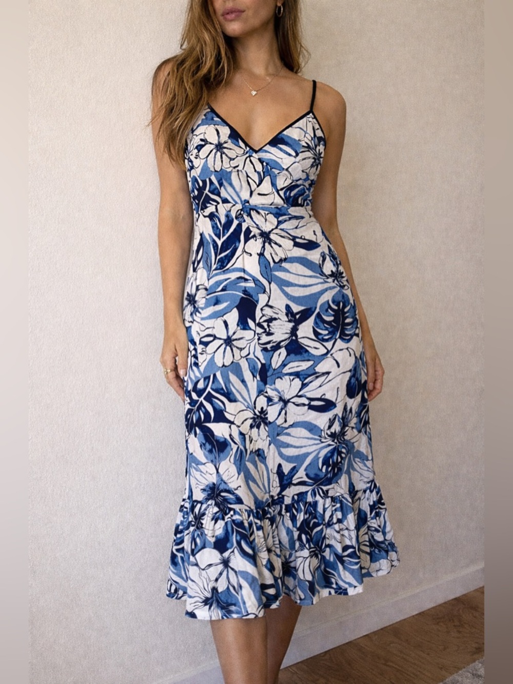 Banana Republic Floral Slip Midi Dress Blue White Linen Cotton Blend 6 Tall